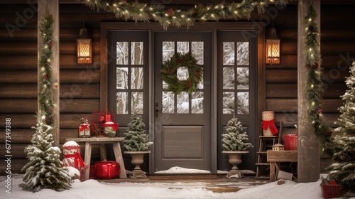  a porch decorated for christmas with presents and a wreath on the front door of a log cabin with snow on the ground.