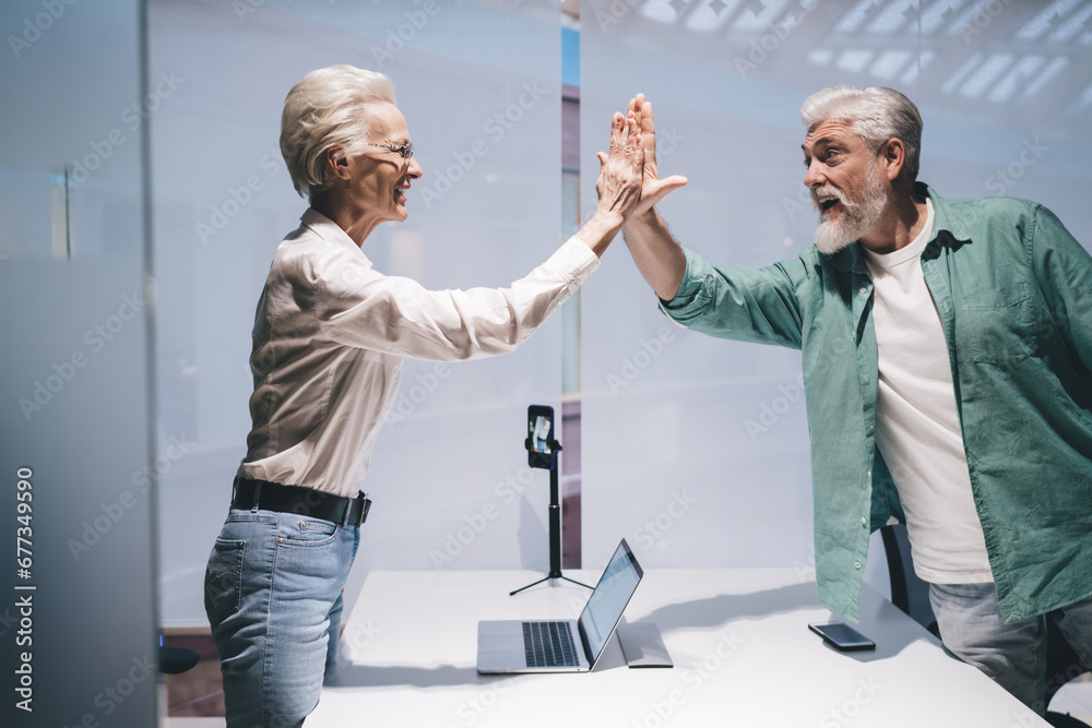 Obraz premium Senior Caucasian couple in casual clothes high-fiving in a bright modern office, expressing excitement and teamwork. The man and woman, both with gray hair, appear joyful and successful
