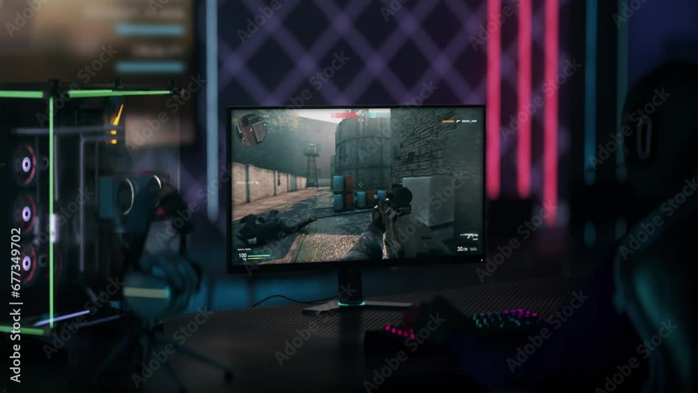 Modern online computer warfare simulator game. Playing against real opponents in an online computer game. Achieving the round victory in an online computer game esports tournament. Esports Modern online computer warfare simulator game. Playing against real opponents in an online computer game. Achieving the round victory in an online computer game esports tournament. Esports