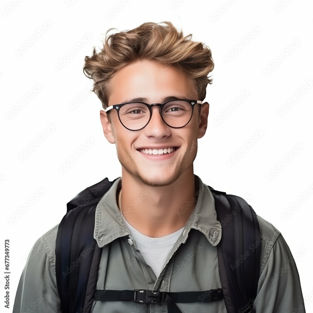 Portrait of Smiling White American Male Student, Success Theme, Isolated on White. Generative ai
