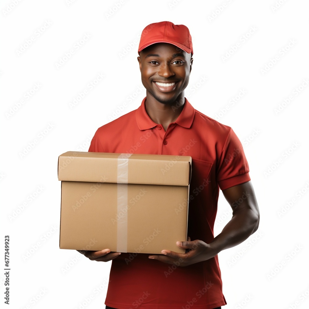 Smiling Afro-American Delivery Man Isolated on White Background. Generative ai Smiling Afro-American Delivery Man Isolated on White Background. Generative ai