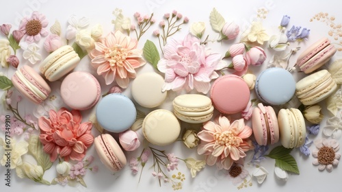  macaroons, macaroons, and flowers are arranged in the shape of a rectangle on a white surface.