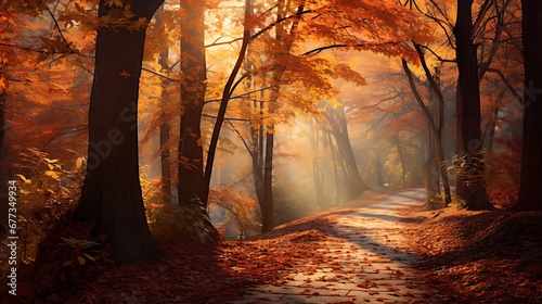 A tranquil forest pathway in autumn  with vibrant fall colors on the trees  a carpet of fallen leaves  and soft sunlight filtering through the canopy