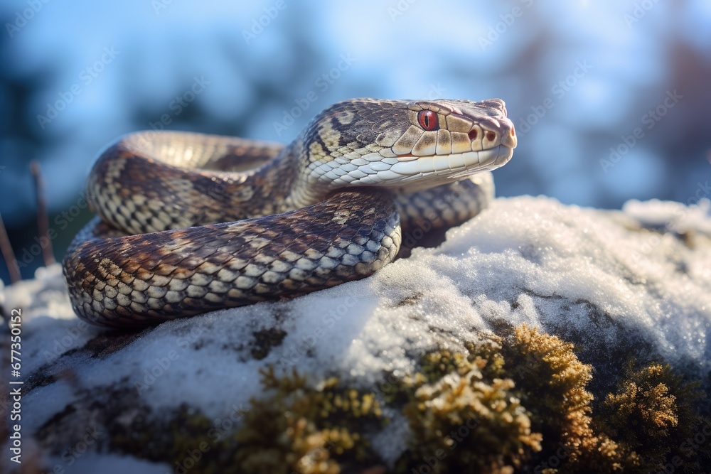 Obraz premium Close-up of a slithering snake on a frost-covered rock