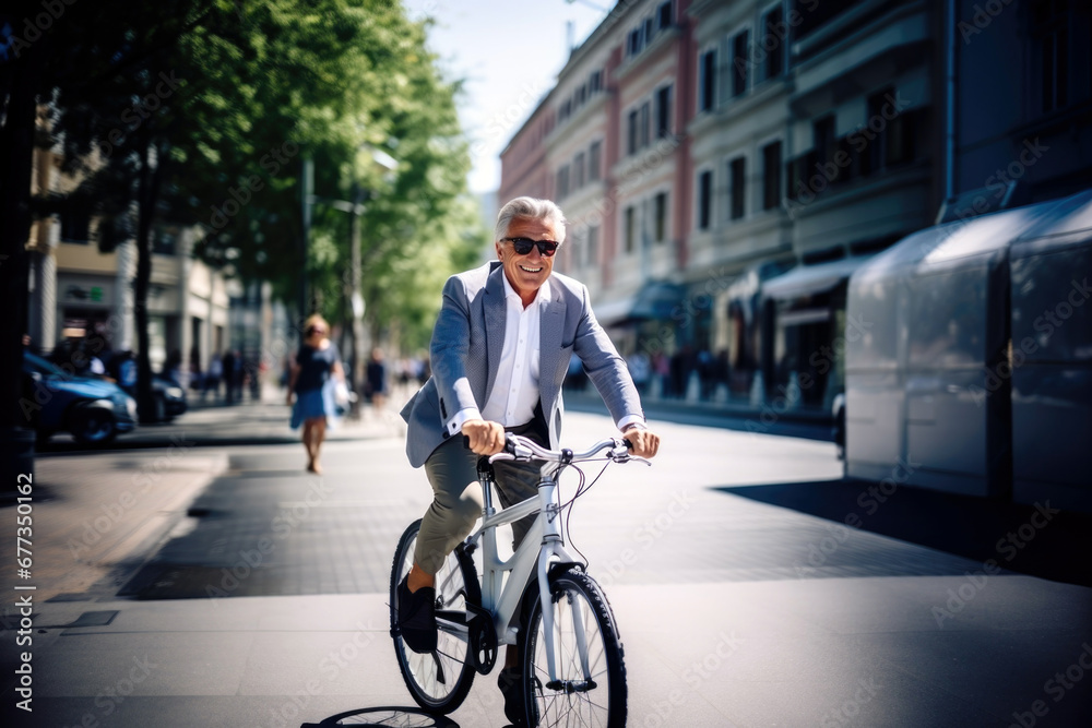 A Positive and Bearded Man in Glasses Enjoying a Bicycle Ride on the Vibrant Streets of the City.