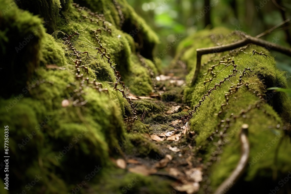 Close-up of ant trail through mossy undergrowth Close-up of ant trail through mossy undergrowth