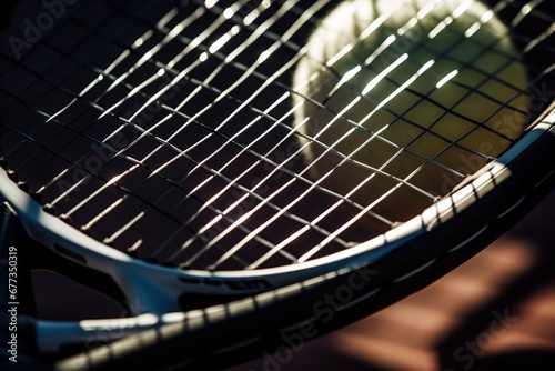 Close-up of a tennis racket's strings, with the sunlight creating shadows © Dan