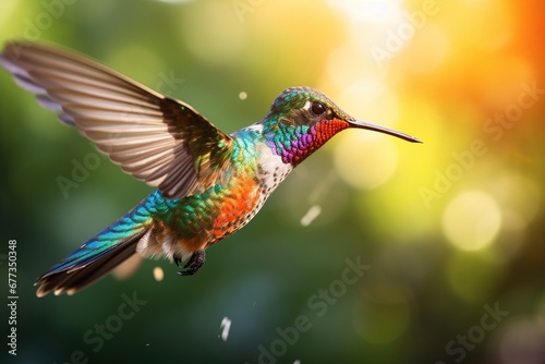 Close-up of a vibrant hummingbird mid-flight, wings blurred