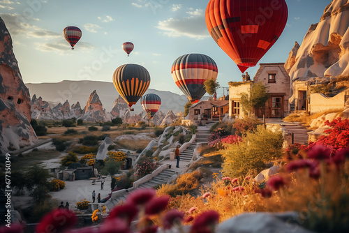 vibrant hot air balloons hovering in the sky on sunrise, Cappadocia, Turkey