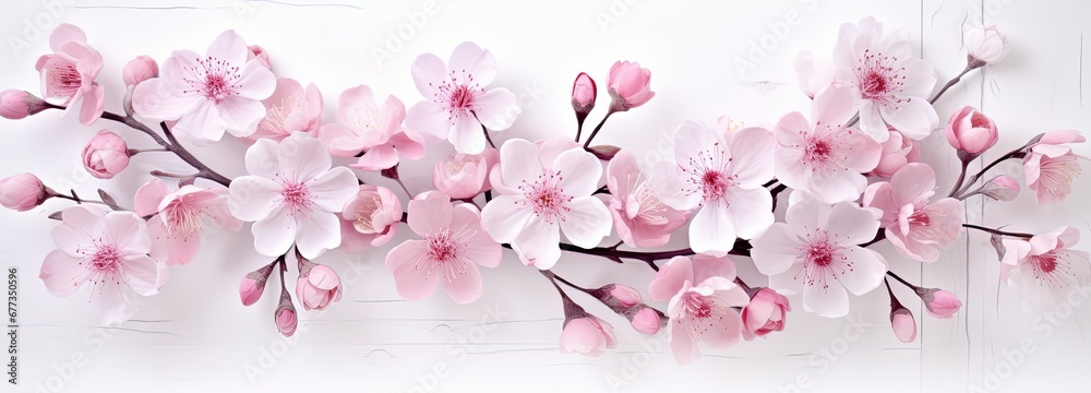Pink Blossoms on Branch Against White Background