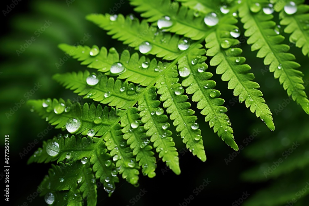 Obraz premium Close-up of dew drops on vibrant fern leaves