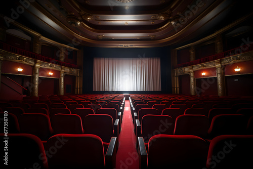 an empty auditorium in a theater or cinema, rows of chairs without people.