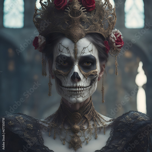 A beautiful skeleton woman dressed in a queens attire - queen of the damned