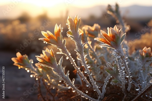 Close-up of desert flora like brittlebush or ocotillo, dew-covered at dawn photo