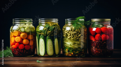 Preserves vegetables in glass jars in an old box. On the black chalkboard.