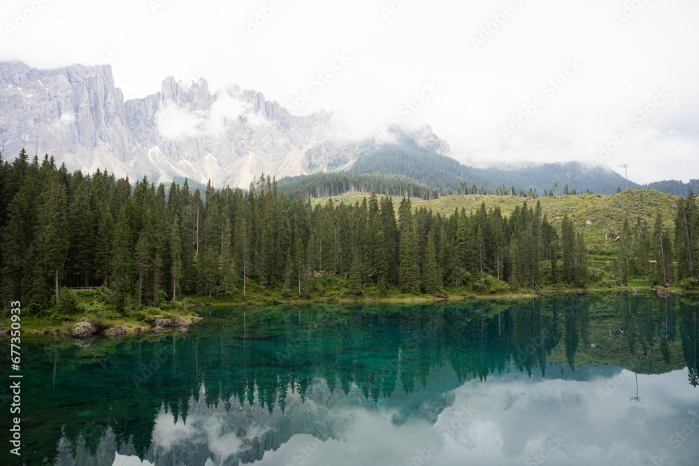 Beautiful view of a Lake with Dolomites in the background in Italy