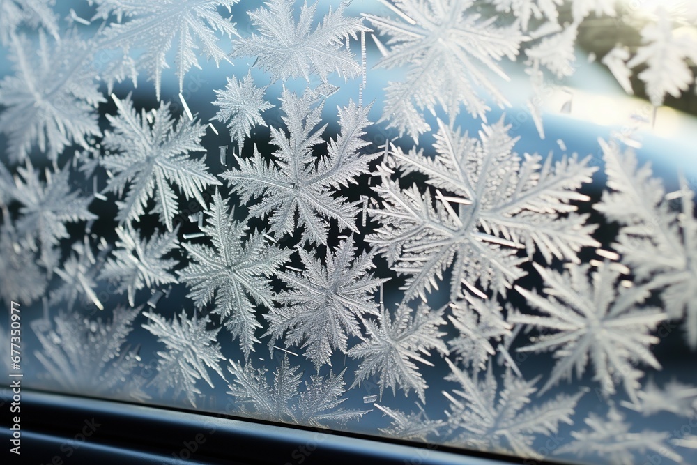 Close-up of frost patterns forming intricate designs on a car windshield Close-up of frost patterns forming intricate designs on a car windshield