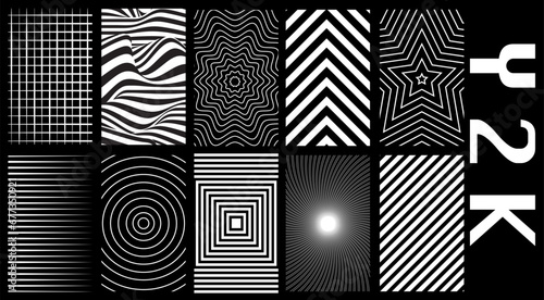 Abstract rave psychedelic set in a trendy 2000s style. Black and white retro futuristic shapes, wireframe and perspective grids on black background, eps 10