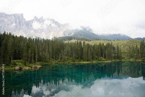 Beautiful view of a Lake with Dolomites in the background in Italy