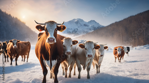 cows in the snow,Cows Snow,Cows in winter pasture grazing on snowcovered meadow cow on ice,snow, winter, cows, livestock, snowscape,  photo