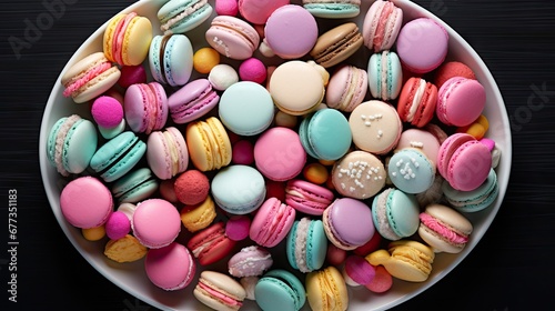  a white bowl filled with colorful macaroons on top of a black table next to a cup of coffee. © Olga