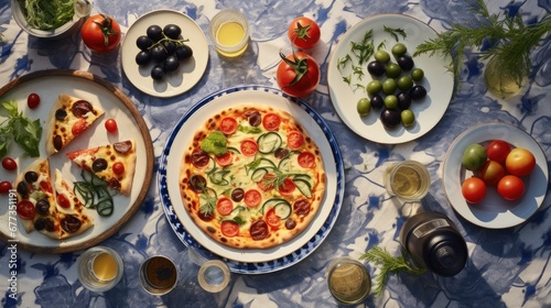  a pizza sitting on top of a white plate on top of a table next to plates of fruit and vegetables.