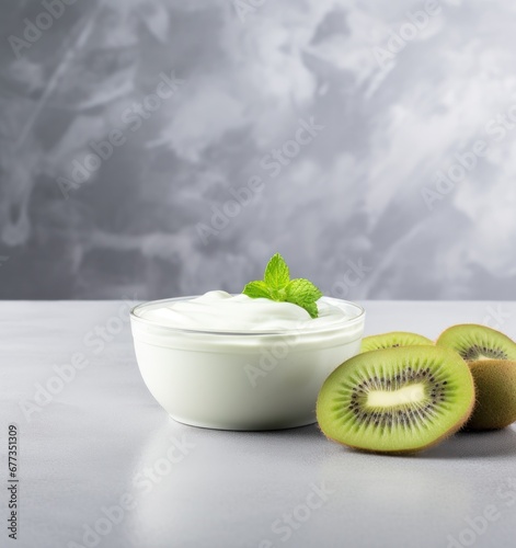 yogurt kiwi fruit yogurt and tea on a grey background