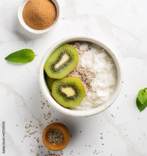 breakfast bowl with kiwi and honey on white background