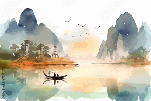 Watercolor vector of Asian lake stock. Fisher man boat & forest & mountains in sea. Landscape with rocks in hand drawn oriental style. Background for decoration, restore, relaxation, meditation. photo