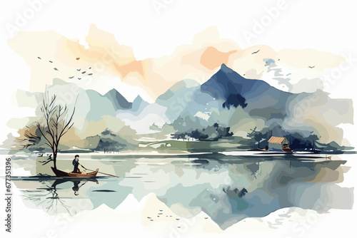 Watercolor painting of Asian lake stock. Forest & mountains & fisher man boat in sea. Hand drawn landscape with rocks in oriental style. Background for relaxation, meditation, restore, decoration.