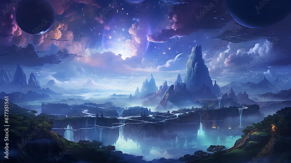 Dreamlike landscape with floating islands, ethereal creatures, and a sky filled with stars and aurora, evoking the boundless nature of dreams