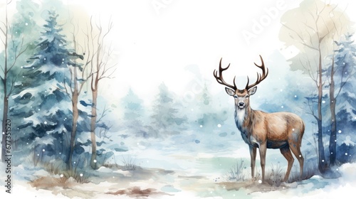  a watercolor painting of a deer standing in the snow in front of a wooded area with snow on the ground.