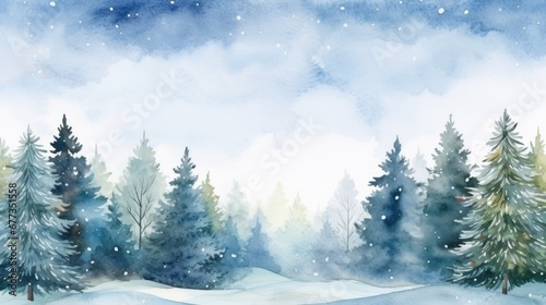  a watercolor painting of a winter scene with pine trees in the foreground and snow falling on the ground. © Olga