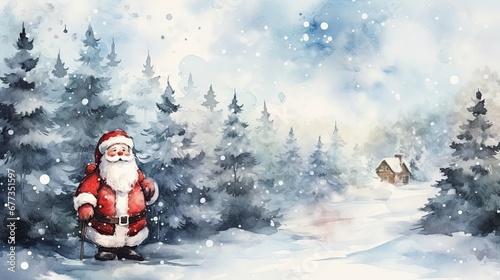  a painting of a santa clause standing in front of a snow covered forest with a cabin in the back ground.