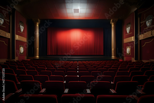 an empty auditorium in a theater or cinema, rows of chairs without people.