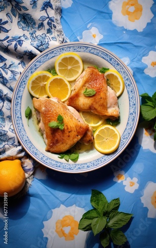 chicken with lemon on a plate and napkin
