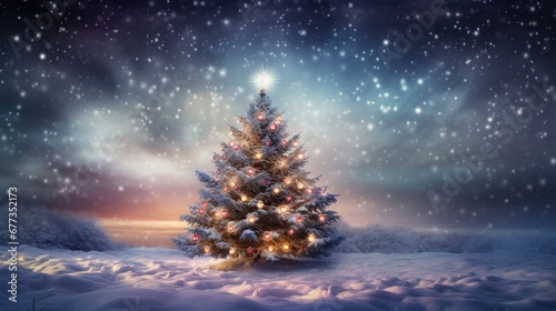 a lit up christmas tree in the middle of a snowy landscape with snow flakes on the ground and stars in the sky.