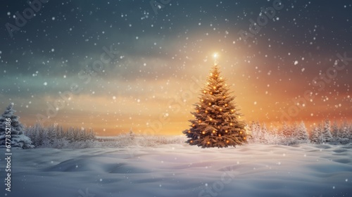  a snowy landscape with a lit christmas tree in the foreground and the sun shining through the clouds in the background.