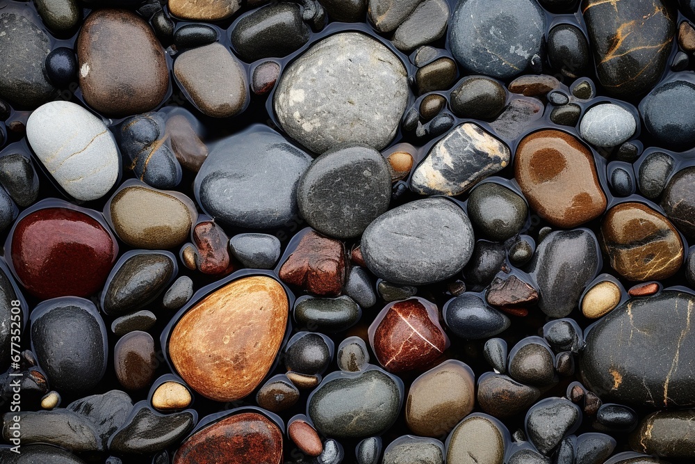 Close-up on wet pebbles in stream Close-up on wet pebbles in stream