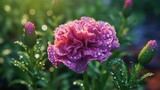 beautiful purple carnation flower with dew drops in the garden. Marigold. Springtime concept with a space for a text. Valentine day concept with a copy space.