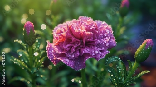 beautiful purple carnation flower with dew drops in the garden. Marigold. Springtime concept with a space for a text. Valentine day concept with a copy space.