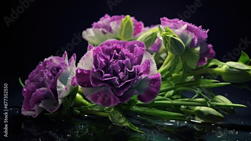 beautiful bouquet of purple and white carnation on black background. Marigold. Springtime concept with a space for a text. Valentine day concept with a copy space.