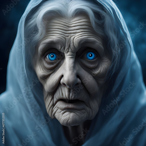 Menacing creepy old ghost lady with blue eyes closeup photo