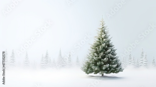  a white christmas tree in the middle of a snow covered field with pine trees in the background and a foggy sky.