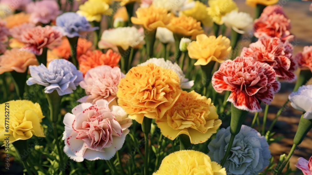 Colorful carnation flowers in the garden at springtime for background. Marigold. Springtime concept with a space for a text. Valentine day concept with a copy space.