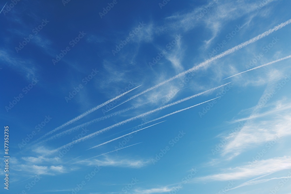 Contrail patterns crisscrossing in a deep blue noon sky Contrail patterns crisscrossing in a deep blue noon sky