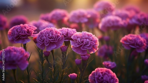 pink carnation flower blooming in the garden at sunset. Marigold. Springtime concept with a space for a text. Valentine day concept with a copy space.