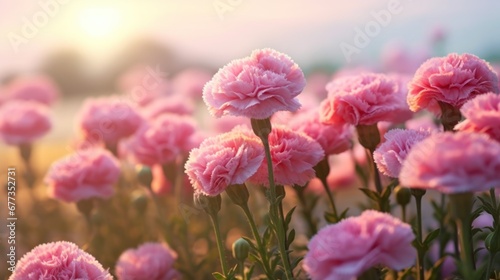 Pink carnation flowers in the field at sunset. Tagetes erecta, Marigold. Springtime concept with a space for a text. Valentine day concept with a copy space. photo