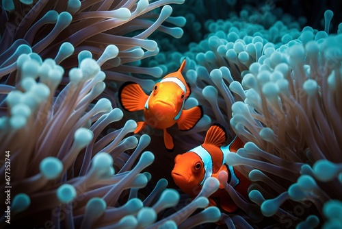 Clownfish peeking from anemone clusters in coral reefs