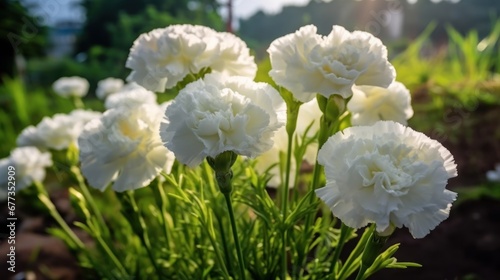 White carnation flowers in the garden. (Scientific name Dianthus caryophyllus). Springtime concept with a space for a text. Valentine day concept with a copy space.